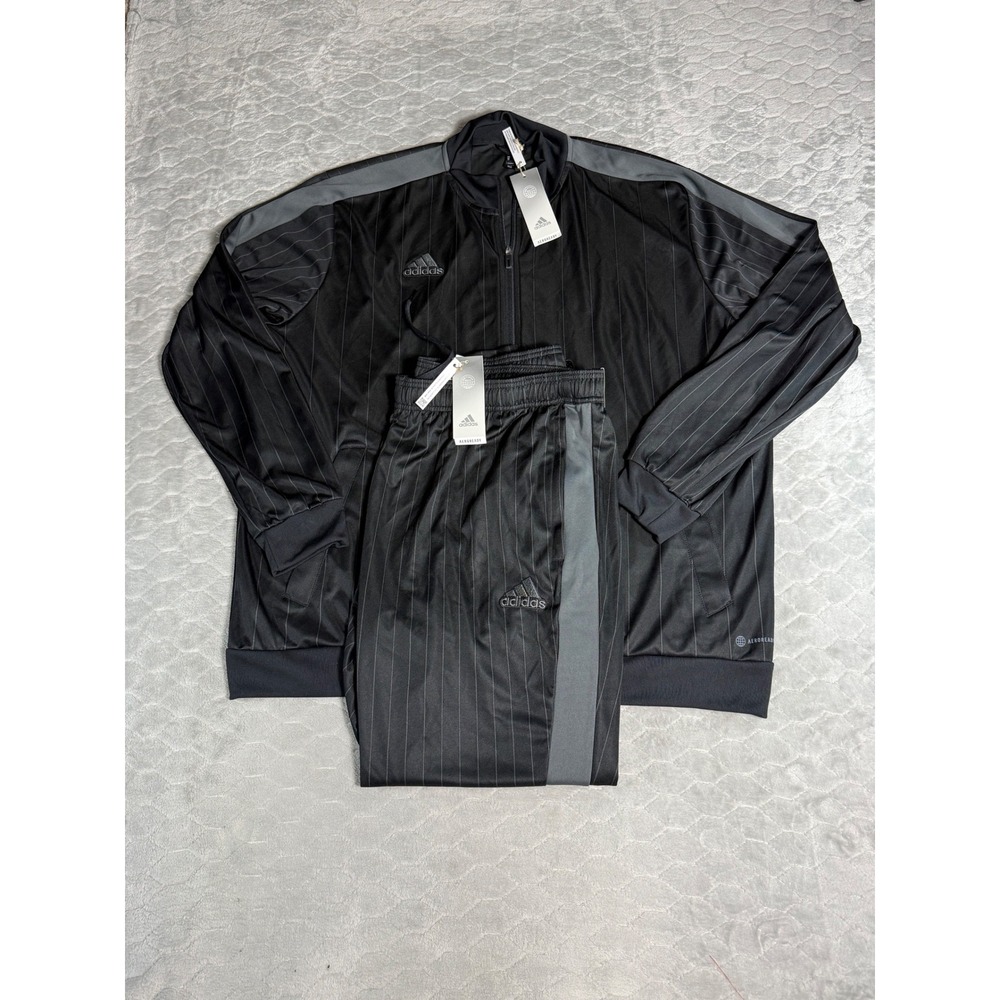Adidas Mens Tracksuit Set 2XL Black Grey Pinstripe Aeroready Jacket Pants NWT